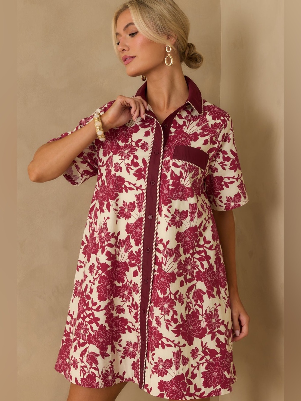 Entro Floral Button-Down Swing Dress in Cream & Burgundy